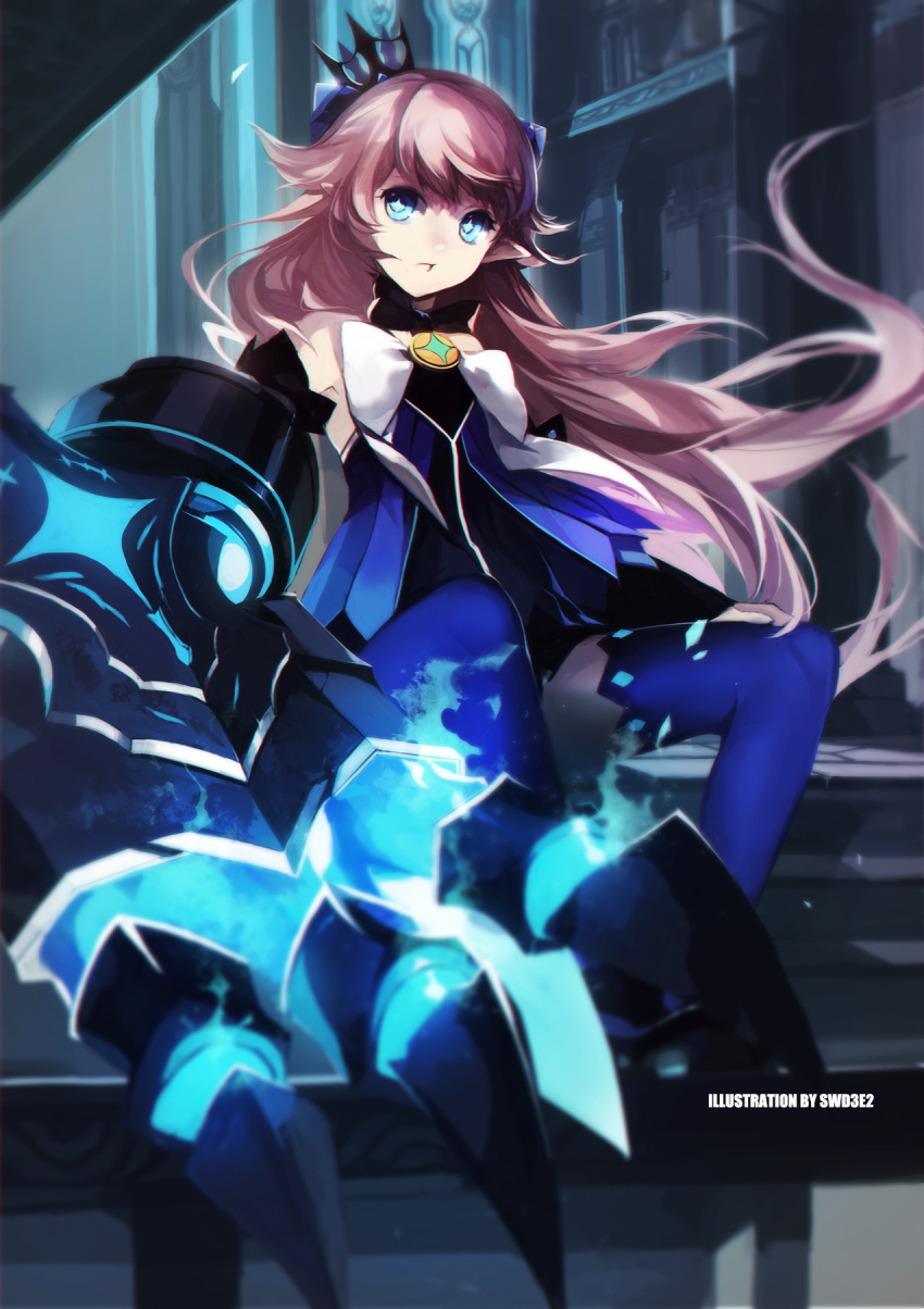 1girl blue_eyes blurry brown_hair claws crown depth_of_field elsword highres long_hair looking_at_viewer mini_crown pointy_ears sitting sittting solo swd3e2