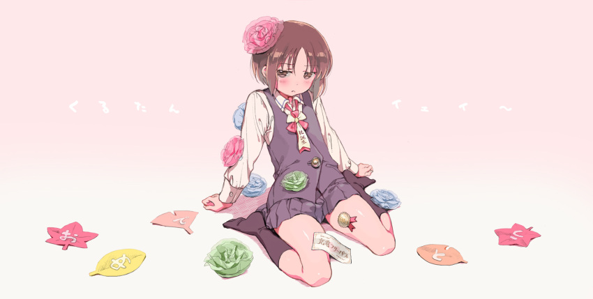 1girl black_legwear blush brown_hair flower gradient gradient_background hair_flower hair_ornament hana-kagume highres kakura_kurumi kneehighs leaf long_sleeves miniskirt partially_translated pleated_skirt saki school_uniform short_hair sitting skirt solo translation_request vest wariza