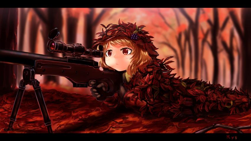 1girl aki_minoriko artist_name autumn autumn_leaves blonde_hair camouflage fatigues food fruit gloves grapes gun hat hat_ornament highres kys_(k-k2) letterboxed lying nature on_stomach red_eyes rifle scope serious short_hair sniper_rifle solo stick touhou tree weapon