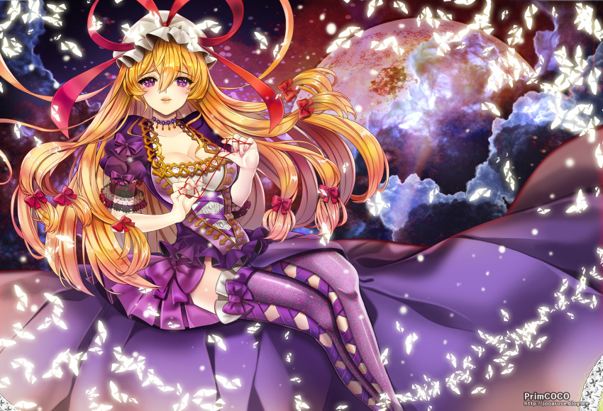 1girl adapted_costume blonde_hair breasts butterfly choker cleavage clouds collarbone dress frilled_dress frills full_moon glowing hair_ribbon hat hat_ribbon highres large_breasts long_hair looking_at_viewer moon parted_lips pink_nails primcoco puffy_sleeves purple_dress purple_legwear ribbon short_dress short_sleeves sitting sky solo star_(sky) thigh-highs touhou tress_ribbon very_long_hair violet_eyes yakumo_yukari