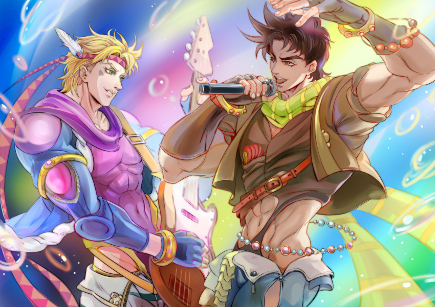 2boys armlet blonde_hair blue_jacket bracelet brown_hair bubble caesar_anthonio_zeppeli facial_mark feathers green_eyes guitar hair_feathers headband instrument jacket jewelry jojo_no_kimyou_na_bouken joseph_joestar_(young) leotard microphone multiple_boys scarf toujou_shufu