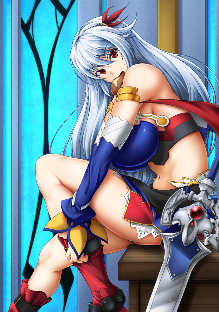 1girl bare_shoulders bol_(liliymimi) bread breasts detached_sleeves dressing eleonora_viltaria food hair_ornament highres large_breasts long_hair looking_at_viewer madan_no_ou_to_vanadis midriff mouth_hold navel red_eyes silver_hair sitting skindentation socks solo sweatdrop sword very_long_hair weapon