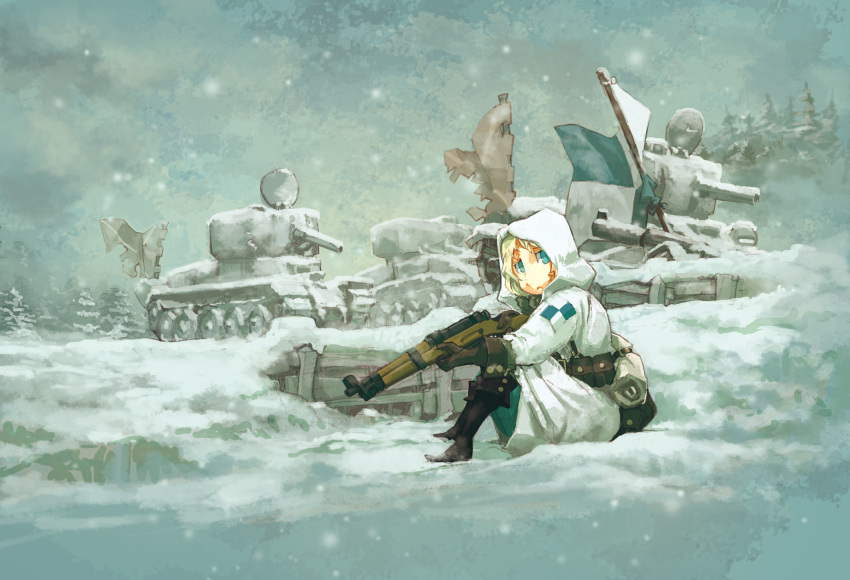 1girl blanket blonde_hair blue_eyes bolt_action clouds cloudy_sky flag graphite_(medium) gun highres hood kome load_bearing_equipment looking_back mauser_98 military military_vehicle mixed_media original pouch rifle scenery sitting sky snow snowing soldier solo tank traditional_media tree vehicle war weapon winter winter_clothes world_war_ii