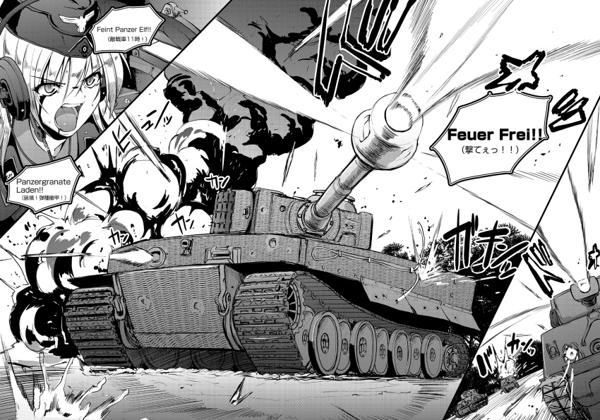 1girl arekishi_raiho blood blood_on_face caterpillar_tracks comic doujinshi explosion fire firing garrison_cap german hat headset highres japanese long_hair military military_uniform military_vehicle monochrome open_mouth original screaming smoke soldier solo tank throat_microphone tiger_(tank) uniform vehicle war world_war_ii