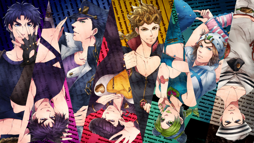 absurdres blonde_hair blue_hair giorno_giovanna green_hair higashikata_jousuke higashikata_jousuke_(jojolion) highres hiro_(iwgp3329) johnny_joestar jojo_no_kimyou_na_bouken jojolion jonathan_joestar joseph_joestar_(young) kuujou_jolyne kuujou_joutarou pose purple_hair steel_ball_run