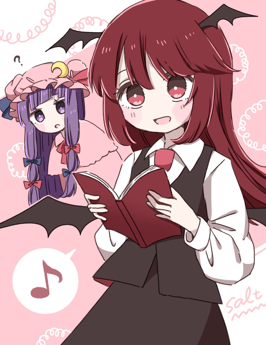2girls ? absurdres bat_wings black_skirt black_vest blue_bow blush_stickers book bow commentary crescent crescent_hat_ornament eighth_note hair_bow hat hat_ornament head_wings highres holding holding_book jitome koakuma long_hair looking_at_another mob_cap multiple_girls musical_note necktie open_book open_mouth patchouli_knowledge pink_background pink_hat purple_hair red_bow red_eyes red_hair red_necktie salt_(saltty) shirt sidelocks signature skirt spoken_musical_note touhou vest violet_eyes white_shirt wings