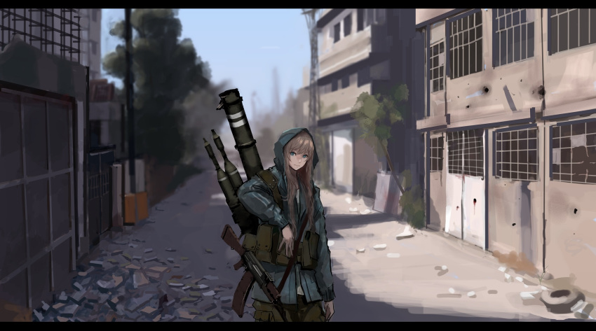 1girl ak-74 assault_rifle blue_eyes blurry brown_hair building bullet_hole city commentary debris depth_of_field gun highres hoodie jittsu letterboxed long_hair original pouch rifle road rocket_launcher rpg solo street tree war weapon