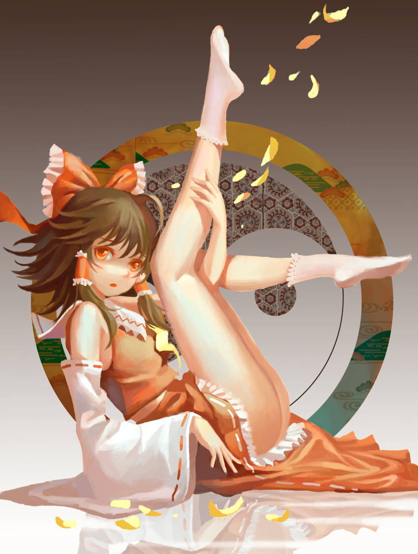 1girl absurdres ascot ass bow brown_hair detached_sleeves from_side full_body gradient gradient_background hair_bow hair_tubes hakurei_reimu highres kneepits ldh leaning_back legs legs_up looking_at_viewer looking_to_the_side on_floor open_mouth pose red_eyes reflection ribbon-trimmed_skirt ribbon-trimmed_sleeves ribbon_trim skirt socks solo touhou wide_sleeves yin_yang
