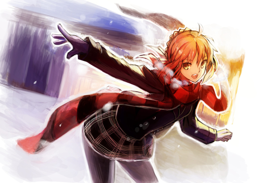 1girl :d ahoge bent_over black_skirt blonde_hair braid breath contemporary derivative_work fate/stay_night fate_(series) french_braid gloves green_eyes highres open_mouth pantyhose plaid plaid_skirt red_scarf reference_photo saber scarf single_glove skirt smile solo striped striped_scarf winter