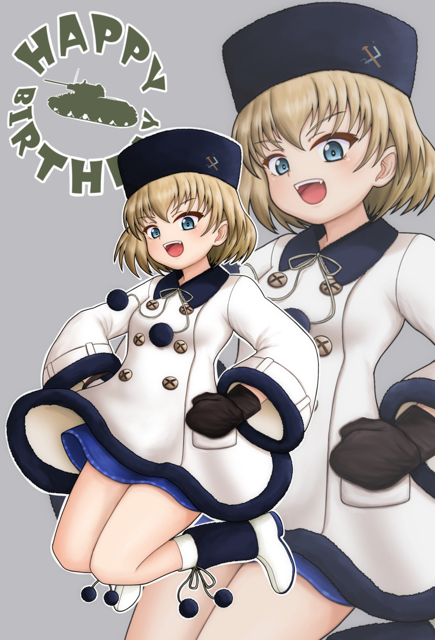 1girl absurdres amanone_yun birthday black_boots black_hat black_mittens blonde_hair blue_dress blue_eyes bob_cut boots coat coat_dress commentary dress emblem english_text floating girls_und_panzer grey_background hands_on_own_hips happy_birthday hat highres katyusha_(girls_und_panzer) legs_up long_sleeves looking_at_viewer military_vehicle mittens motor_vehicle multicolored_boots open_mouth outline pravda_(emblem) short_hair simple_background smile solo tank text_background two-tone_boots ushanka white_boots white_coat white_outline zoom_layer