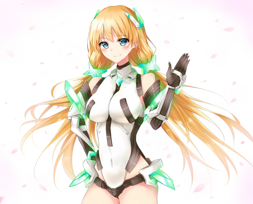 1girl angela_balzac blonde_hair blue_eyes blush breasts covered_navel cowboy_shot elbow_gloves expelled_from_paradise gloves gradient gradient_background hair_ornament hand_on_hip impossible_leotard large_breasts leotard long_hair looking_at_viewer low_twintails petals pink_background smile solo tsuedzu twintails very_long_hair white_background