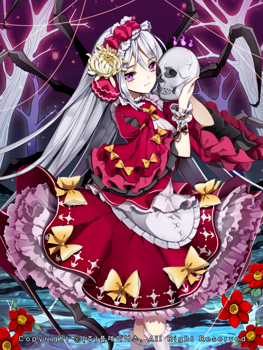 1girl bracelet dress flower grey_hair hairband highres jewelry kaizin_rumble lolita_fashion long_hair monster_girl primcoco red_flower ribbon skull smile violet_eyes white_flower