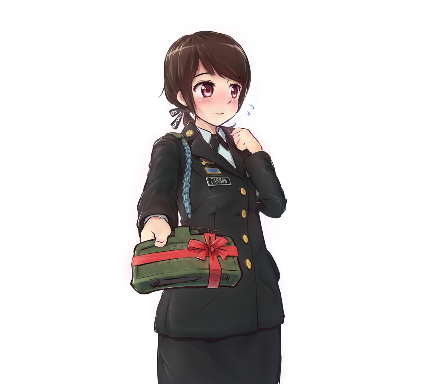 1girl blush brown_hair claymore_(mine) cowboy_shot female gift hair_ribbon highres jacket light_smile long_hair looking_away low_ponytail military military_uniform name_tag nervous original outstretched_hand ponytail pov ribbon simple_background skirt soldier solo sweatdrop tc1995 uniform valentine violet_eyes white_background you're_doing_it_wrong
