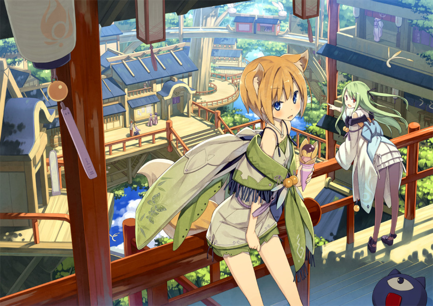 5girls :d animal_ears architecture bent_over blue_eyes brown_hair building east_asian_architecture fox_ears fox_tail from_above green_hair long_hair looking_at_viewer multiple_girls open_mouth original poco_(asahi_age) red_eyes short_hair smile tail two_side_up wind_chime