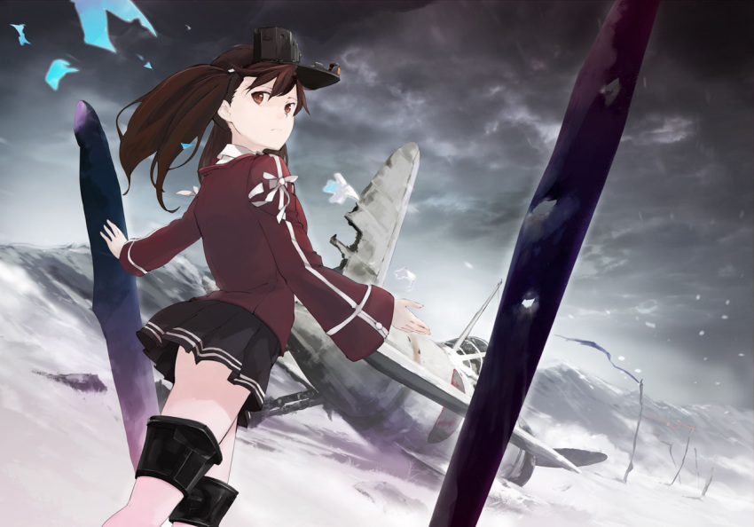 1girl airplane blockhead_bh broken brown_eyes brown_hair dutch_angle japanese_clothes kantai_collection kariginu looking_at_viewer looking_to_the_side pleated_skirt ryuujou_(kantai_collection) skirt solo twintails