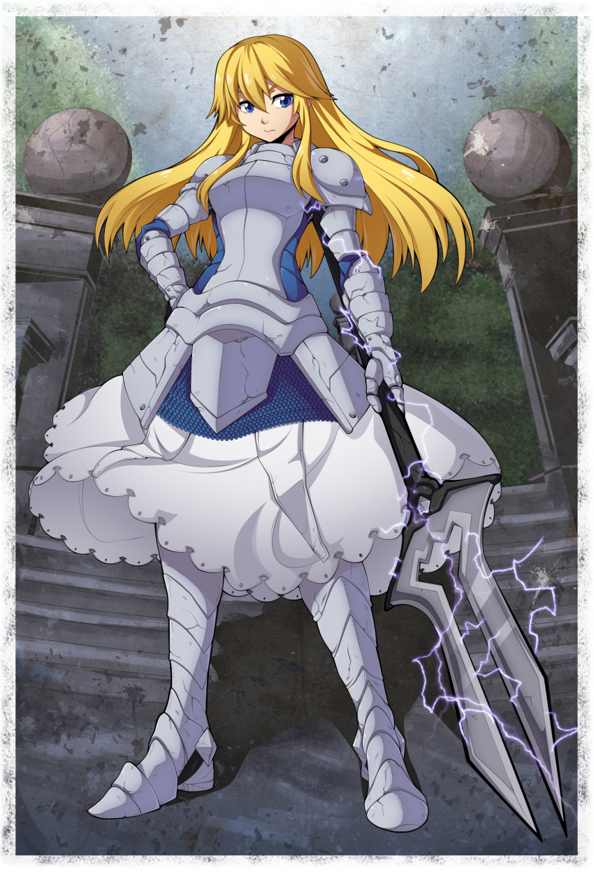 1girl absurdres armor armored_dress blue_eyes border borrowed_character breastplate electricity faulds full_armor full_body gauntlets greaves hand_on_hip highres long_hair original pauldrons polearm serious solo spear spikewible standing weapon