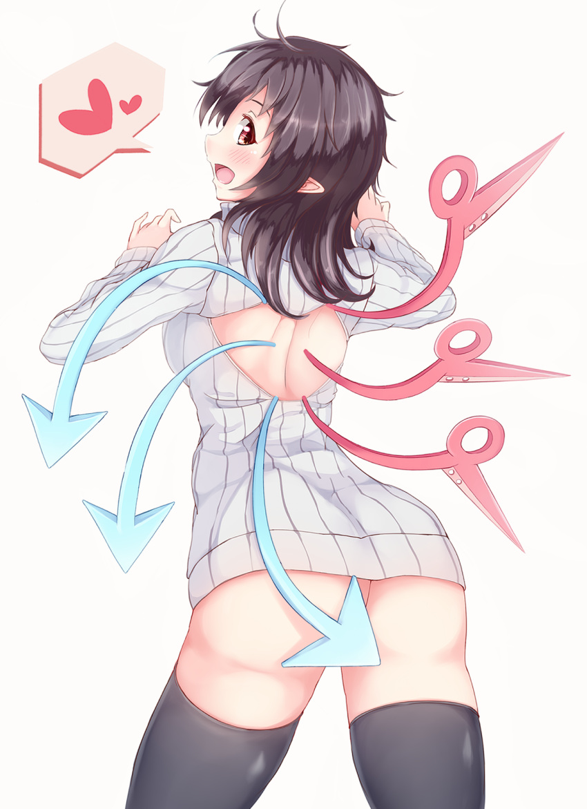 1girl asymmetrical_wings back black_hair black_legwear blush bottomless convenient_censoring heart highres houjuu_nue igakusei long_sleeves naked_sweater open-chest_sweater open_mouth pointy_ears ribbed_sweater smile solo spoken_heart sweater thigh-highs touhou wardrobe_error wings