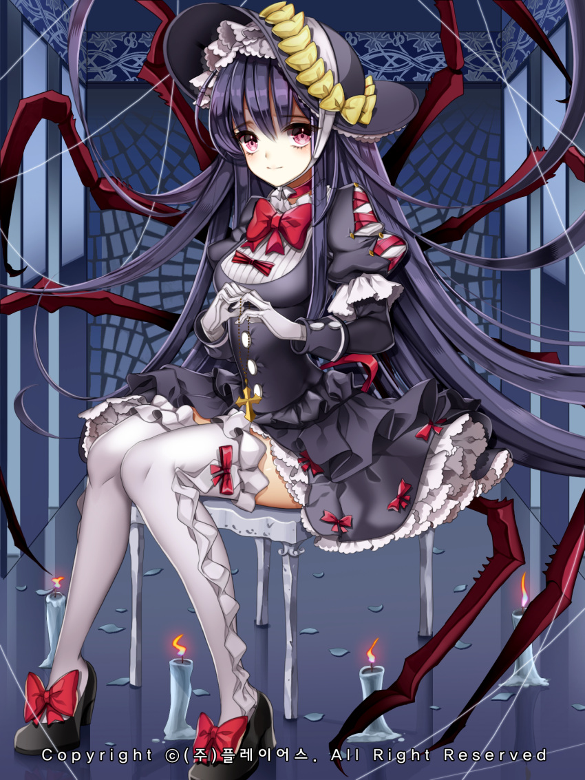 blue_hair candle chair choker cross cross_necklace dress gloves hat high_heels highres insect_girl kaizin_rumble lolita_fashion monster_girl primcoco red_eyes ribbon sad smile spider_girl spider_legs thigh-highs white_gloves