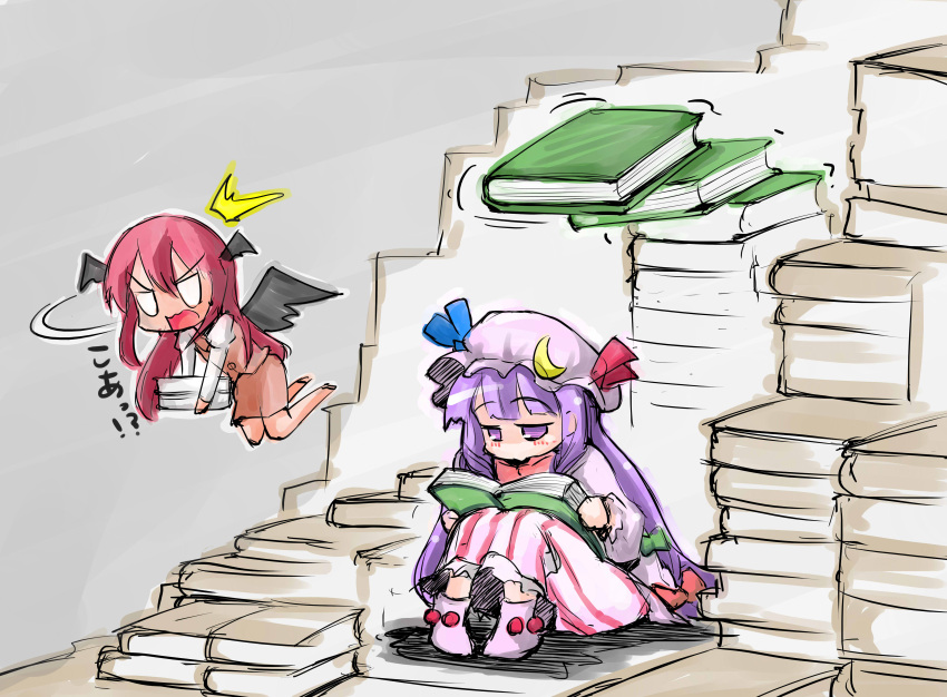 &gt;:o /\/\/\ 2girls :o absurdres bat_wings book bow commentary_request crescent dress dress_shirt falling flying grey_background hair_between_eyes hair_ribbon hat hat_bow head_wings highres holding holding_book koa_(phrase) koakuma long_hair long_sleeves looking_at_another low-tied_long_hair mob_cap multiple_girls o_o open_book patchouli_knowledge purple_dress purple_hair reading redhead ribbon shinapuu shirt simple_background sitting skirt skirt_set striped striped_dress too_many_books touhou tress_ribbon turning_head very_long_hair vest violet_eyes white_shirt wings