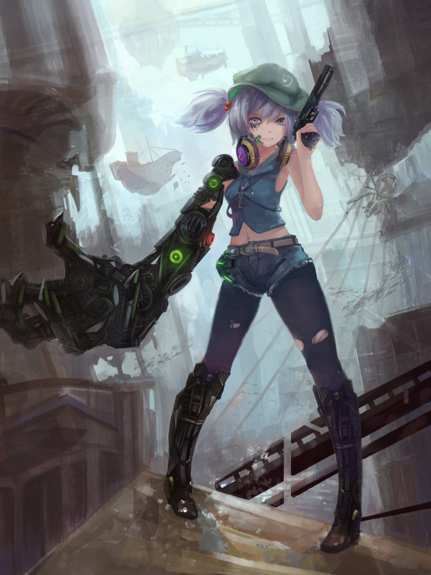 1girl absurdres alternate_costume bare_arms belt blue_eyes blue_hair boots claws glowing gun hair_bobbles hair_ornament handgun hat headphones headphones_around_neck highres kawashiro_nitori key magician_(china) mecha mechanical_arm midriff navel pantyhose short_shorts shorts solo torn_clothes torn_pantyhose touhou twintails vest weapon