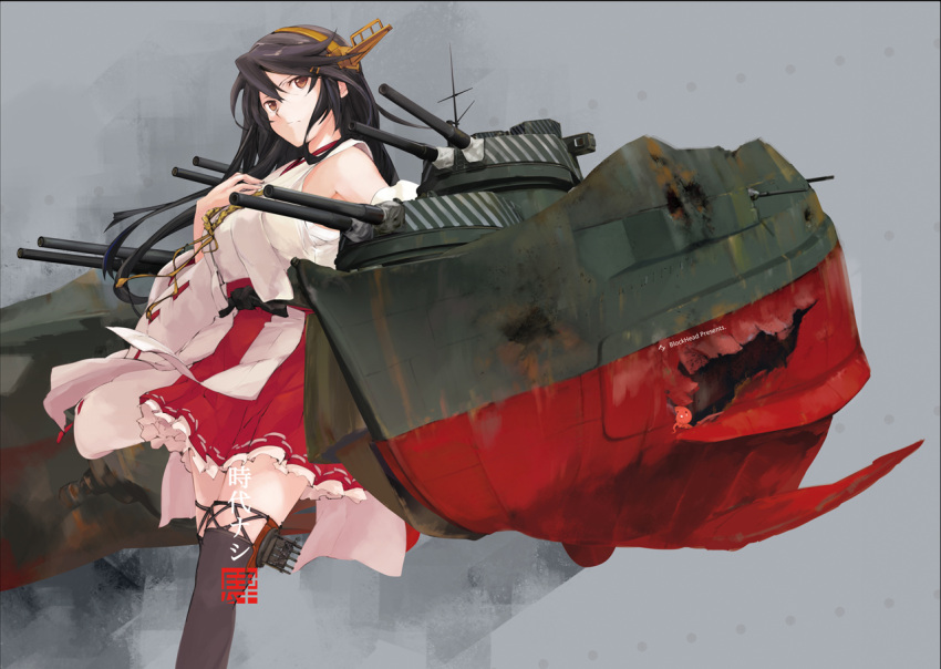 1girl black_hair black_legwear blockhead_bh broken brown_eyes detached_sleeves hair_ornament hairband hairclip haruna_(kantai_collection) kantai_collection long_hair looking_at_viewer looking_to_the_side machinery nontraditional_miko solo thigh-highs translation_request turret zettai_ryouiki