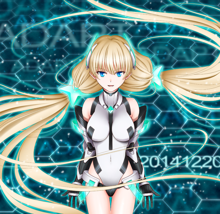 1girl 2014 angela_balzac blonde_hair blue_eyes bodysuit breasts covered_navel cowboy_shot dated elbow_gloves expelled_from_paradise gloves hair_ornament highres honeycomb_background impossible_leotard large_breasts leotard long_hair looking_at_viewer low_twintails ohju open_mouth smile solo twintails very_long_hair