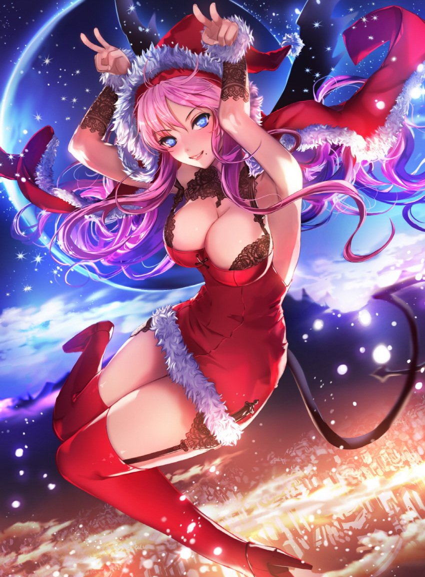 1girl a-line arms_up black_bra blue_eyes bra breasts cape cityscape cleavage full_moon garter_belt hat highres mole moon pink_hair red_legwear santa_hat snowing star star-shaped_pupils strap_gap symbol-shaped_pupils tagme tail thigh-highs underwear