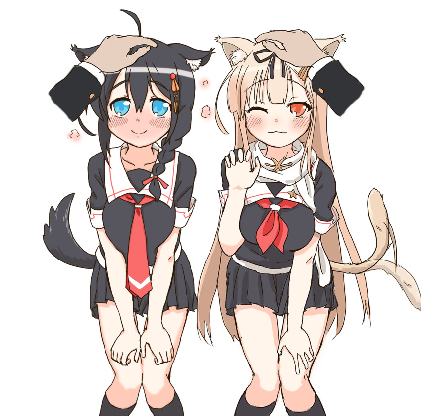 2girls ahoge animal_ears black_hair black_skirt blue_eyes blush cat_ears cat_tail dog_ears dog_tail hair_flaps hair_ornament hair_ribbon hands_on_another's_head highres kantai_collection kemonomimi_mode kneehighs looking_at_viewer multiple_girls nakamura_kumarin neckerchief necktie one_eye_closed petting pleated_skirt red_eyes ribbon scarf school_uniform serafuku shigure_(kantai_collection) skirt smile solo tail white_scarf yuudachi_(kantai_collection)