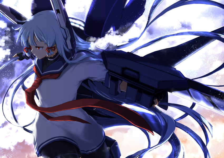 1girl aqua_hair bangs black_gloves black_legwear blunt_bangs cowboy_shot fingerless_gloves gloves hair_ribbon headgear kantai_collection lefthand long_hair machinery murakumo_(kantai_collection) neckerchief outstretched_arms pantyhose payot red_eyes ribbon sailor_collar sailor_dress solo