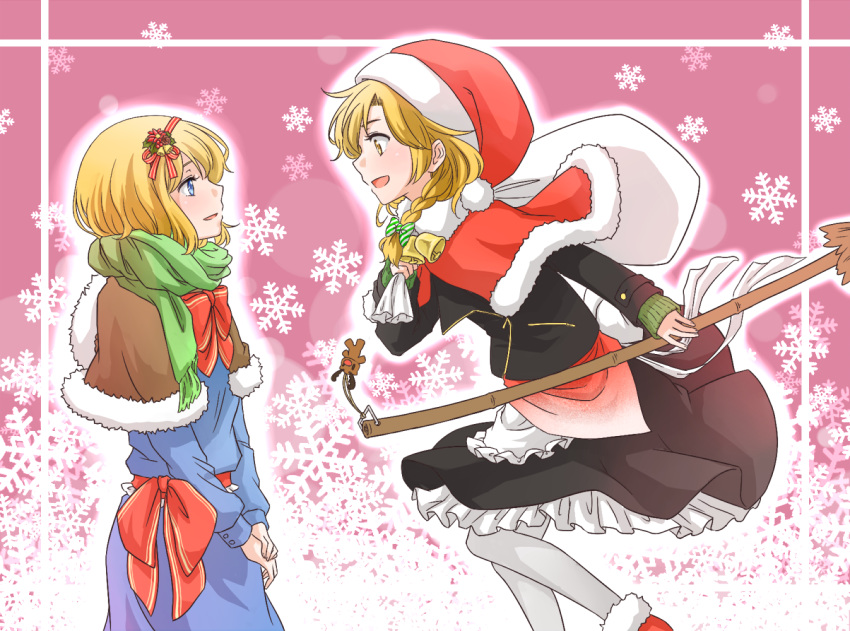 2girls alice_margatroid alternate_costume apron blonde_hair blue_eyes blush braid broom capelet couple hairband hat kirisame_marisa long_hair multiple_girls nip_to_chip open_mouth pantyhose santa_hat scarf short_hair side_braid smile touhou waist_apron yellow_eyes