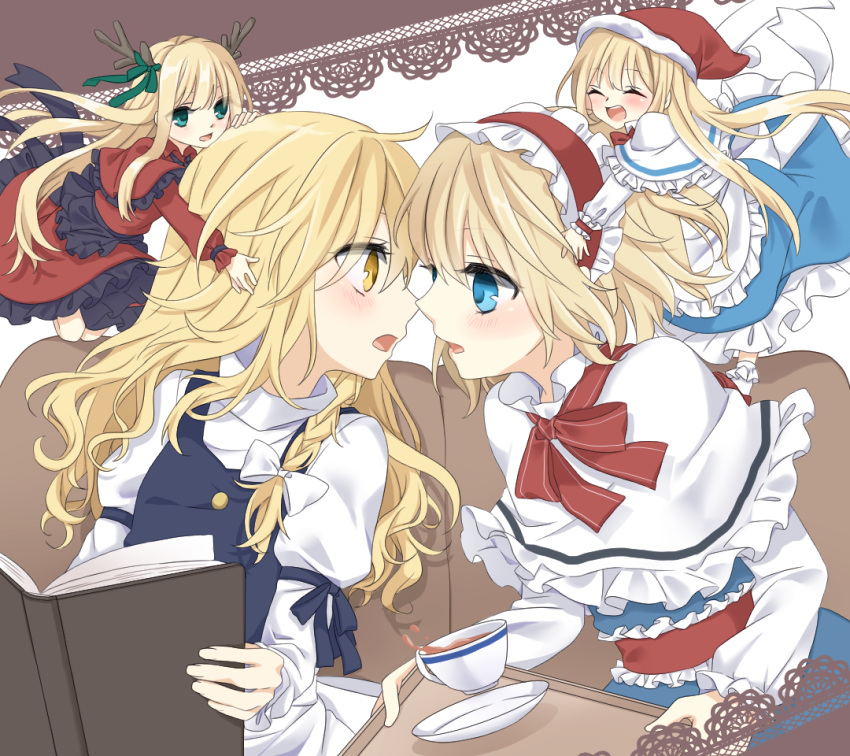 2girls alice_margatroid antlers apron arm_ribbon black_dress blue_dress blue_eyes blush book braid capelet closed_eyes cup dress face-to-face fake_horns hairband hat hourai_doll incipient_kiss juliet_sleeves kirisame_marisa lolita_hairband long_sleeves multiple_girls open_mouth puffy_sleeves pushing red_dress reindeer_antlers santa_hat sash shanghai_doll single_braid smile teacup touhou tray tsuno_no_hito waist_apron yellow_eyes yuri