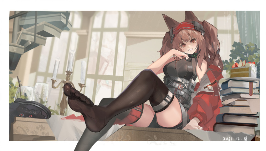 1girl :d angelina_(arknights) angelina_(distinguished_visitor)_(arknights) animal_ears arknights bare_shoulders belt black_footwear black_shirt black_shorts book book_stack boots boots_removed border breasts brown_eyes brown_hair cake cake_slice candle collar cup dated day drinking_glass feet food fox_ears grin hairband head_tilt headgear huai_chuan indoors infection_monitor_(arknights) jacket large_breasts leg_up long_hair long_sleeves looking_at_viewer no_shoes off_shoulder official_alternate_costume on_table open_clothes open_jacket outside_border parted_lips red_hairband red_jacket shirt short_shorts shorts sitting smile soles solo stairs table taut_clothes taut_shirt thigh_strap toes twintails underbust white_border window