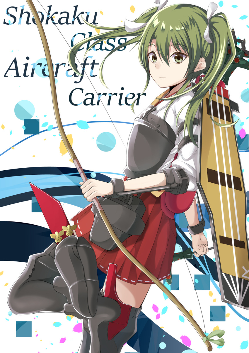 1girl boots bow_(weapon) brown_eyes flight_deck gen_withillust green_eyes green_hair hair_ribbon hakama_skirt highres japanese_clothes kantai_collection looking_at_viewer muneate one_leg_raised pleated_skirt red_skirt ribbon skirt solo thigh-highs thigh_boots twintails weapon zuikaku_(kantai_collection)