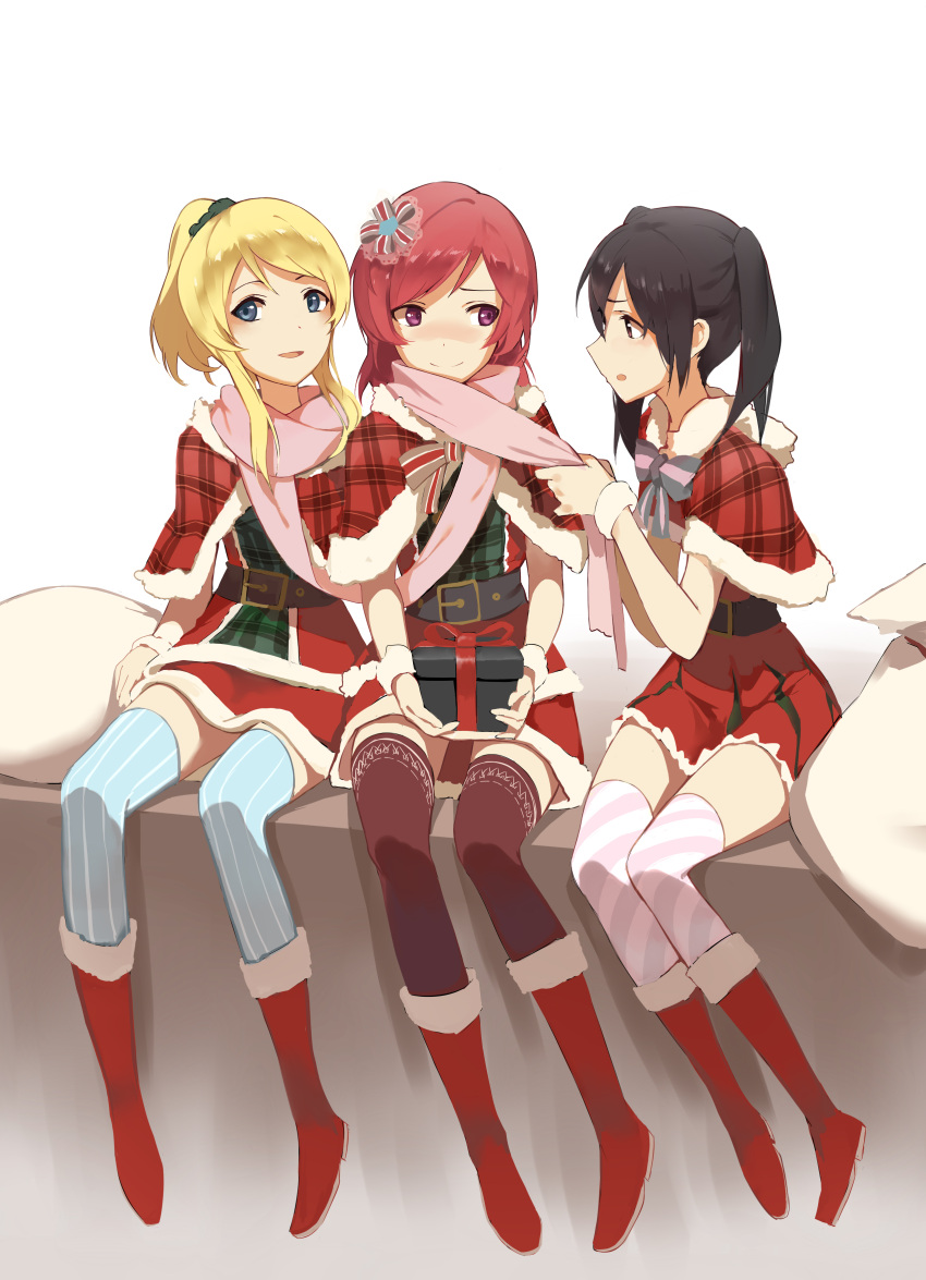 3girls absurdres ayase_eli bag black_hair blonde_hair blue_eyes blush brown_legwear capelet gensou_kuro_usagi hair_ornament highres love_live!_school_idol_project multiple_girls nishikino_maki open_mouth ponytail red_boots redhead santa_costume scarf shared_scarf sitting smile striped striped_legwear thigh-highs twintails violet_eyes wrist_cuffs yazawa_nico zettai_ryouiki