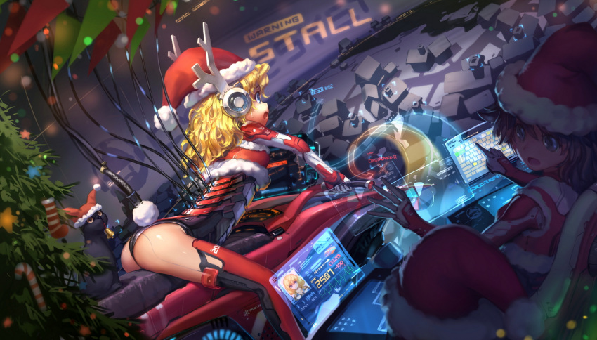 2girls ass blonde_hair blue_eyes bodysuit cable cat christmas_tree gloves hat headphones highres holographic_touchscreen hover_bike long_hair mecha_musume multiple_girls observerz open_mouth original santa_costume santa_hat skin_tight sweat thigh-highs