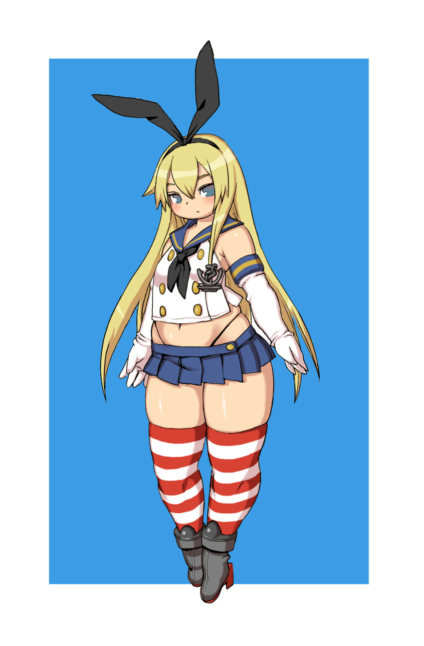 1girl bare_shoulders blonde_hair blue_eyes elbow_gloves gloves hairband high_heels highres kantai_collection kojima_video long_hair looking_at_viewer microskirt navel neckerchief plump shimakaze_(kantai_collection) skindentation skirt small_breasts solo striped striped_legwear thick_thighs thighs very_long_hair wide_hips