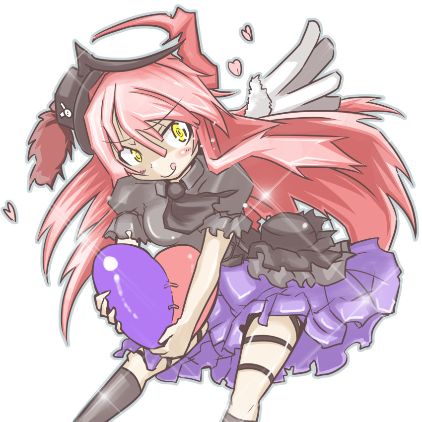 &gt;:q 1girl black_legwear duel_monster ghostrick_dorklord hat heart highres long_hair multicolored_wings pink_hair side_ponytail solo spirit-edge white_background wings yellow_eyes yuu-gi-ou