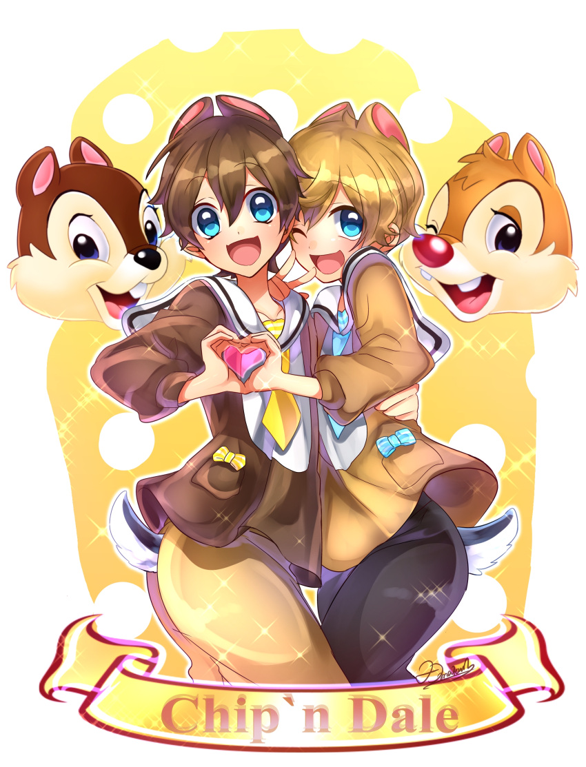 2boys absurdres animal_ears artist_name blue_eyes brown_hair character_name chip_(disney) dale_(disney) disney heart heart_hands heart_hands_duo highres looking_at_viewer maian male multiple_boys one_eye_closed open_mouth personification sailor_collar short_hair tail v white_background