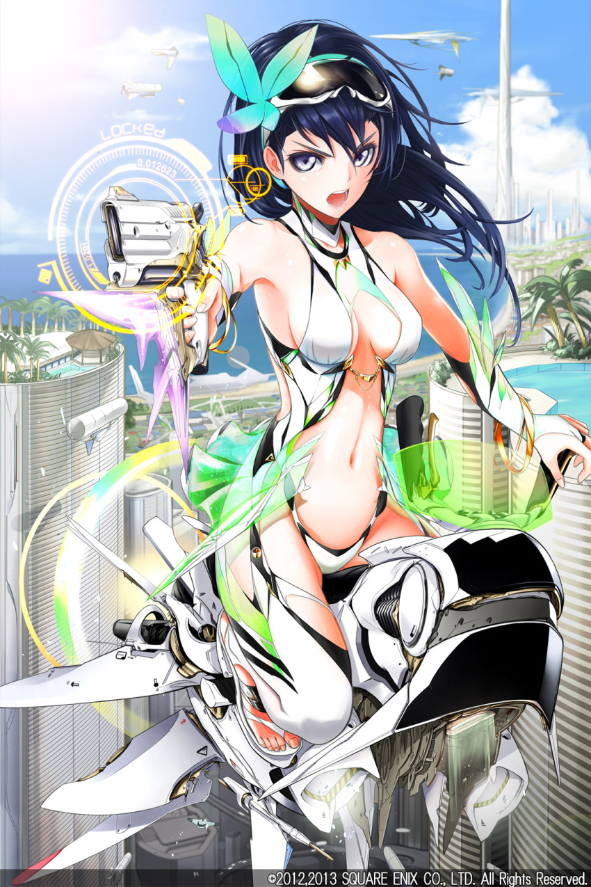 1girl bare_shoulders beach blue_eyes blue_hair bracelet building character_request company_name elbow_gloves fingerless_gloves future giba_(out-low) gloves goggles gun hair_ornament highres jewelry long_hair looking_at_viewer midriff navel official_art open_mouth palm_tree science_fiction square_enix star_galaxy tree tsurime vehicle weapon
