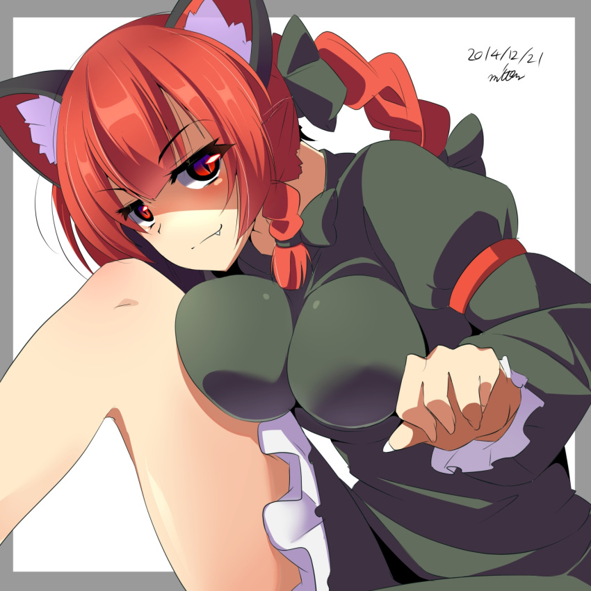 1girl 2014 animal_ears bow braid breasts cat_ears cat_tail dated dress fang grin hair_bow highres kaenbyou_rin long_hair looking_at_viewer miton15 red_eyes redhead smile solo tail touhou twin_braids
