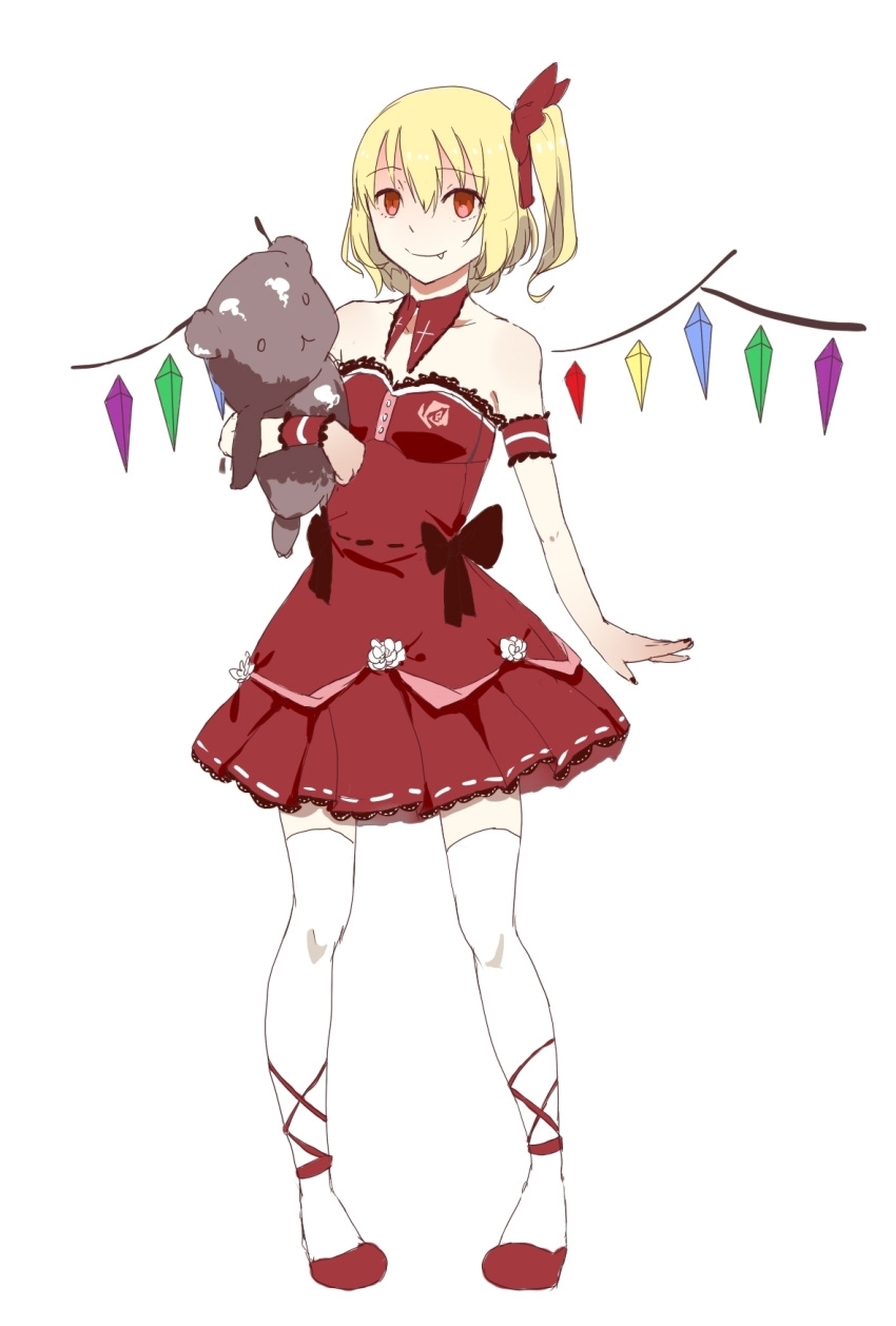 1girl arm_cuffs asymmetrical_wings bangs bare_shoulders blonde_hair buttons cross detached_collar dress fang fingernails flandre_scarlet flower hair_ribbon highres lace-trimmed_dress liang_yao red_dress red_eyes red_ribbon ribbon ribbon_trim rose shoes short_hair side_ponytail smile solo strapless_dress stuffed_animal stuffed_toy stuffing teddy_bear thigh-highs touhou white_legwear wings wrist_cuffs
