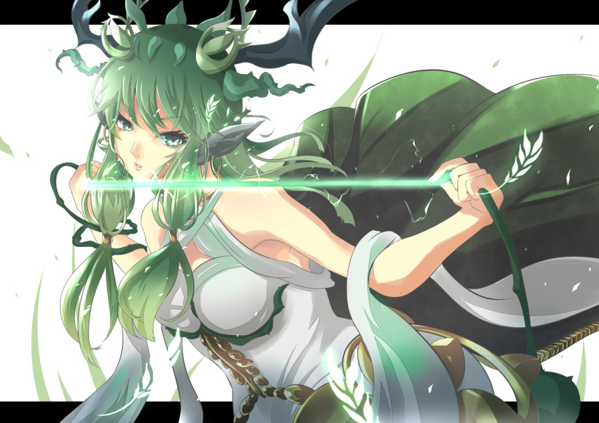 1girl bare_shoulders bust ceres_(p&amp;d) dress endou_(zettai_bluenoid) green_eyes green_hair hair_ornament letterboxed long_hair looking_at_viewer payot puzzle_&amp;_dragons shawl solo white_dress