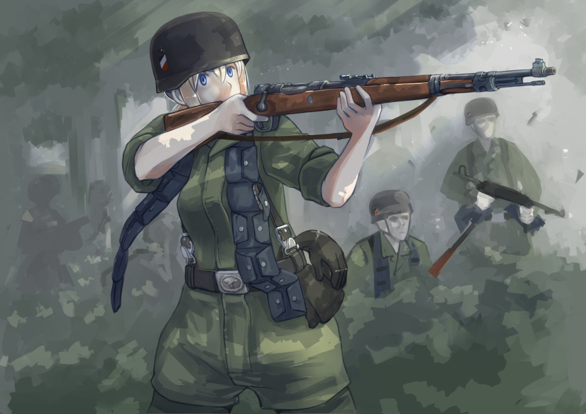 1girl 2boys aiming belt blonde_hair blurry bolt_action commentary depth_of_field erica_(naze1940) forest germany gloves gun helmet long_hair mauser_98 military military_uniform mp40 multiple_boys nature original ponytail silhouette sleeves_rolled_up soldier submachine_gun tree uniform violet_eyes weapon world_war_ii