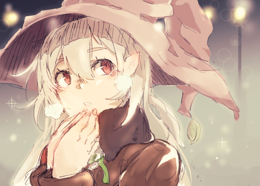 1girl breath bust grey_hair hat long_hair original pointy_ears red_eyes shiratan sketch solo winter_clothes winter_coat witch_hat