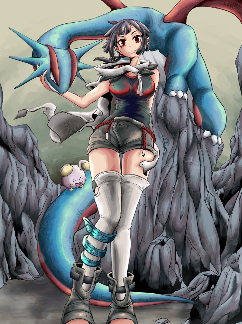 1girl black_hair claws cloak dragon hand_on_another's_cheek hand_on_another's_face higana_(pokemon) highres jewelry looking_at_viewer over-kneehighs pokemon pokemon_(creature) pokemon_(game) pokemon_oras red_eyes salamence short_hair short_ponytail short_shorts shorts smile tail thigh-highs to_ma_ru whismur wings
