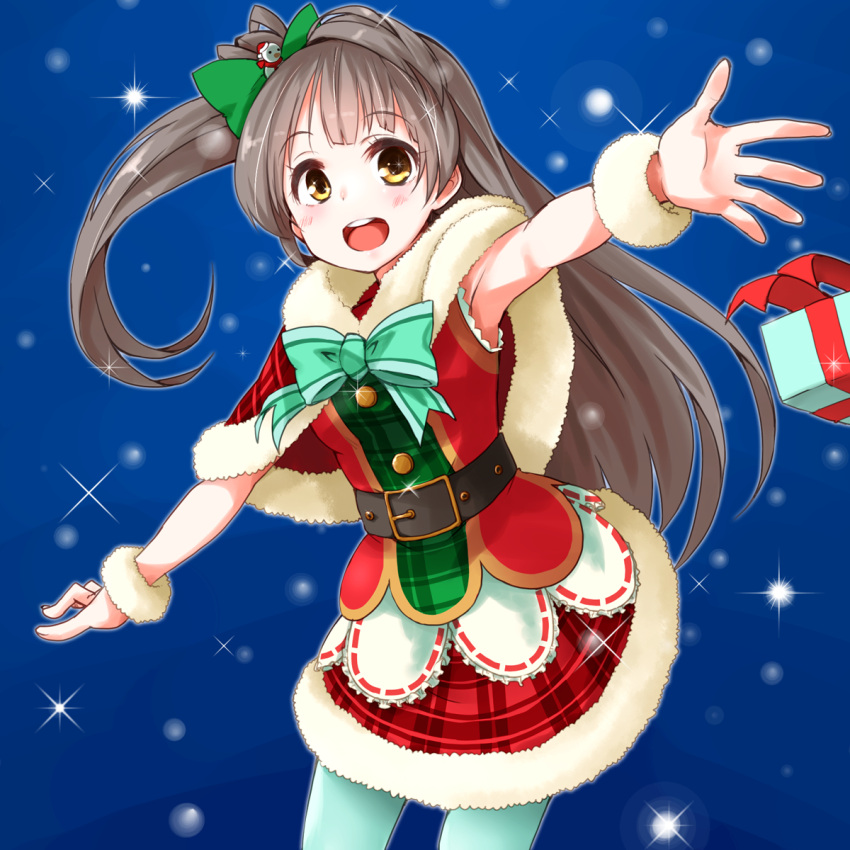 armpits belt blush brown_eyes brown_hair christmas happy long_hair love_live!_school_idol_project minami_kotori ribbon side_ponytail