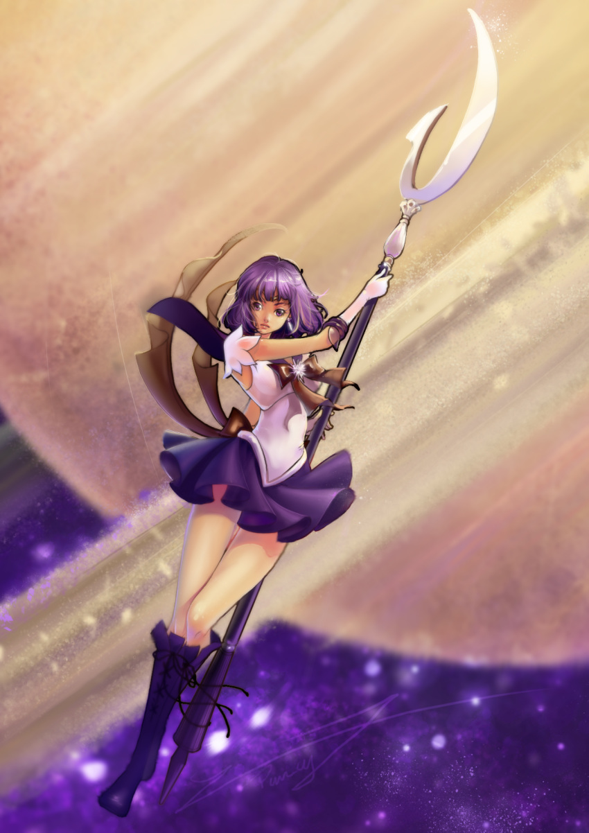 1girl bishoujo_senshi_sailor_moon boots bow brooch cross-laced_footwear elbow_gloves expressionless gloves highres imirpz jewelry knee_boots lace-up_boots magical_girl object_namesake planet polearm purple_hair ribbon sailor_saturn saturn short_hair silence_glaive solo spear tiara tomoe_hotaru violet_eyes weapon white_gloves