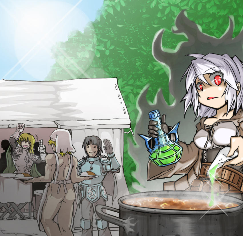 1girl 3boys apron armor ass blonde_hair brown_hair cape curry_rice duel_monster field-commander_rahz freed knight lyna marauding_captain marauding_cook multiple_boys naked_apron outdoors paralyzing_potion parody red_eyes spirit-edge tent white_hair yuu-gi-ou