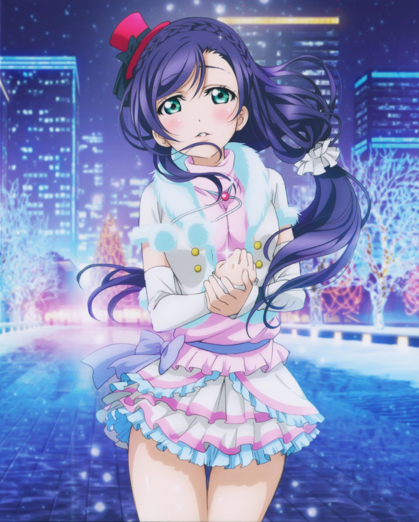 1girl absurdres artist_request braid detached_sleeves green_eyes hat highres love_live!_school_idol_project mini_top_hat official_art purple_hair skirt snow_halation solo top_hat toujou_nozomi