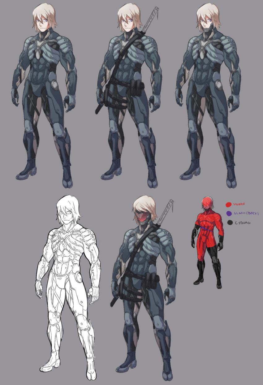 1boy commentary cyborg highres metal_gear_(series) metal_gear_rising:_revengeance metal_gear_solid_2 metal_gear_solid_4 over_shoulder power_suit raiden sneaking_suit solo spikewible sword sword_over_shoulder visor weapon weapon_over_shoulder what_if white_hair